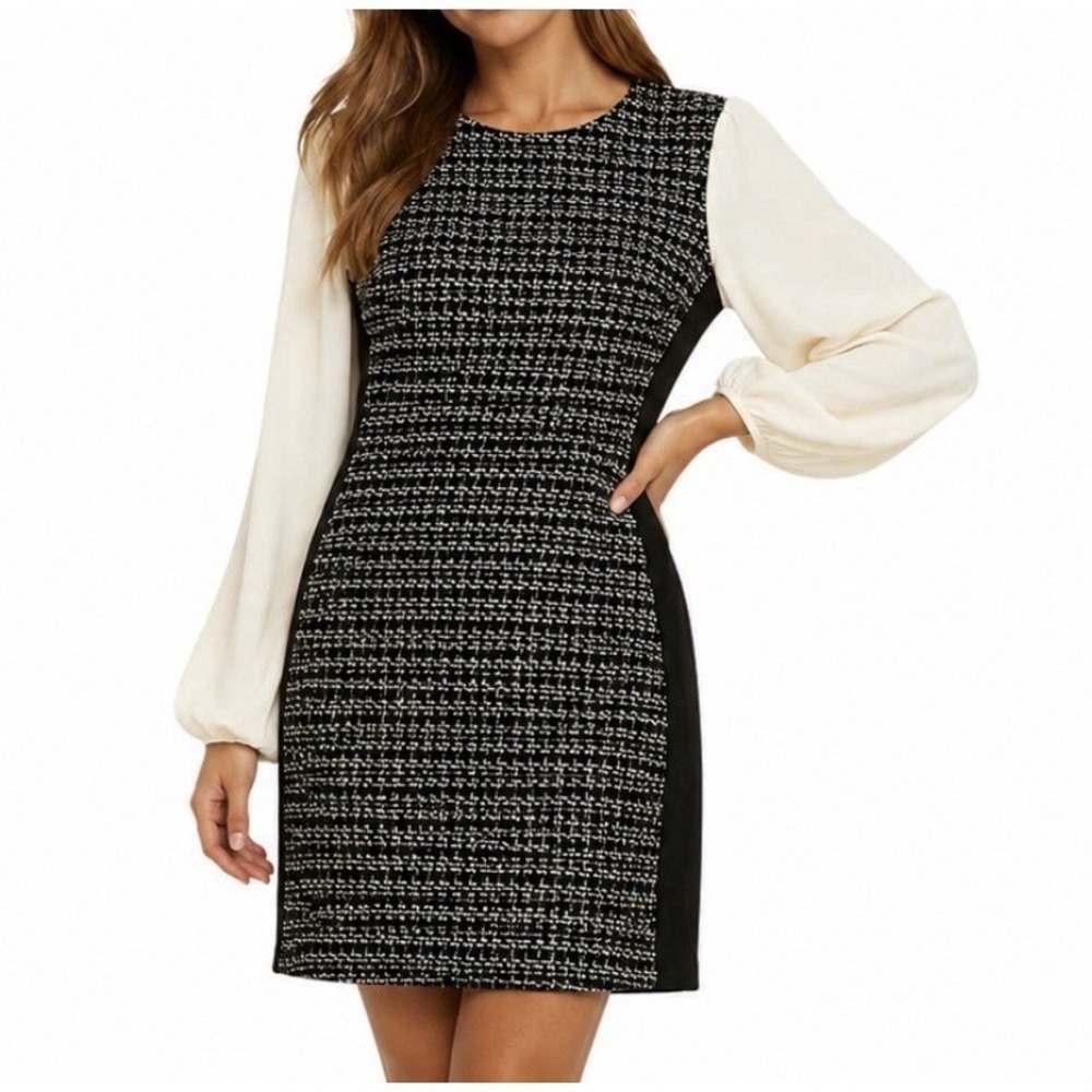 New York & Company Black White Tweed Long Sleeve Sheath Dress Small Office Wear